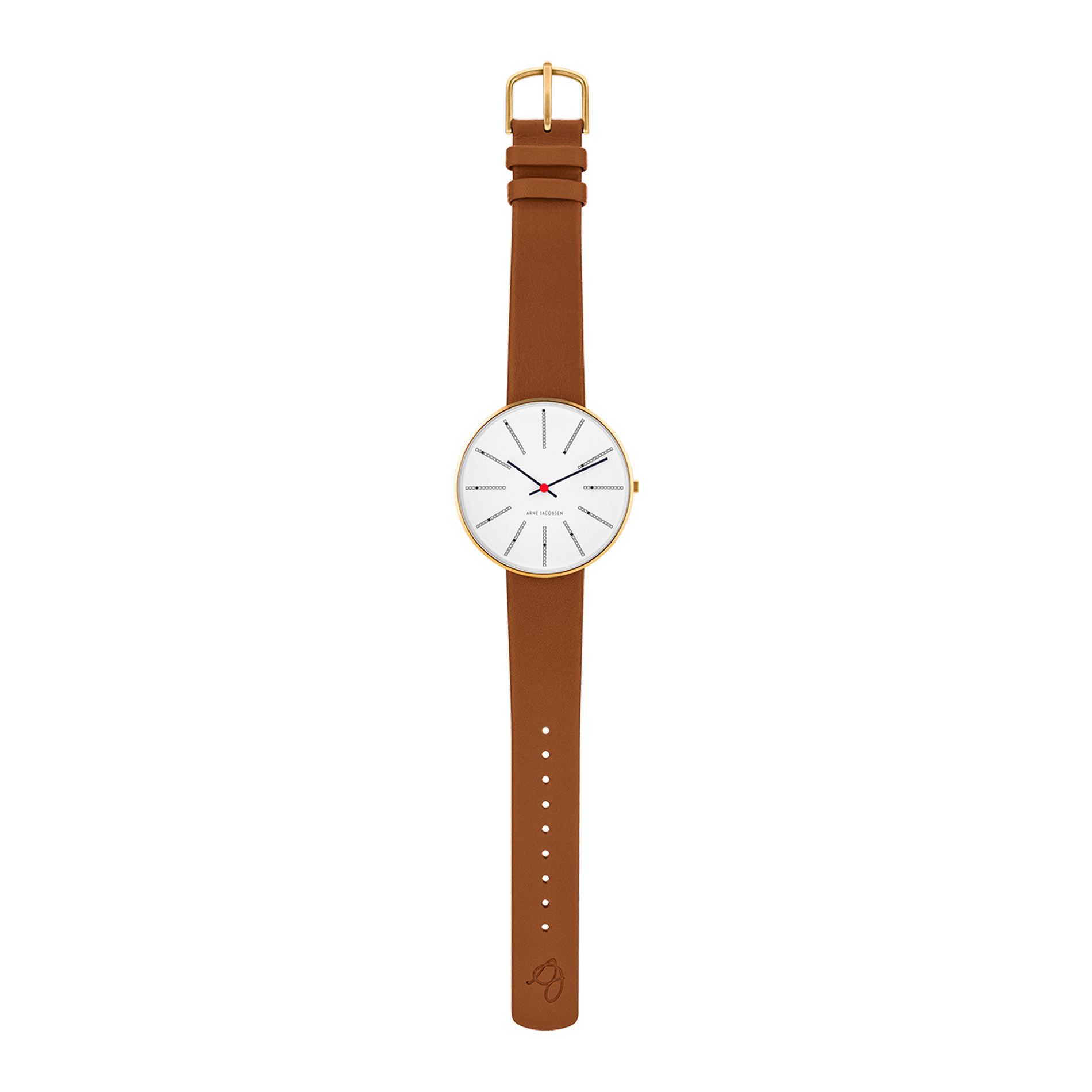 Arne Jacobsen Bankers Hvid 40 mm forgyldt ur med brun 20 mm Pampas læderrem.