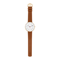 Arne Jacobsen Bankers Hvid 40 mm forgyldt ur med brun 20 mm Pampas læderrem.