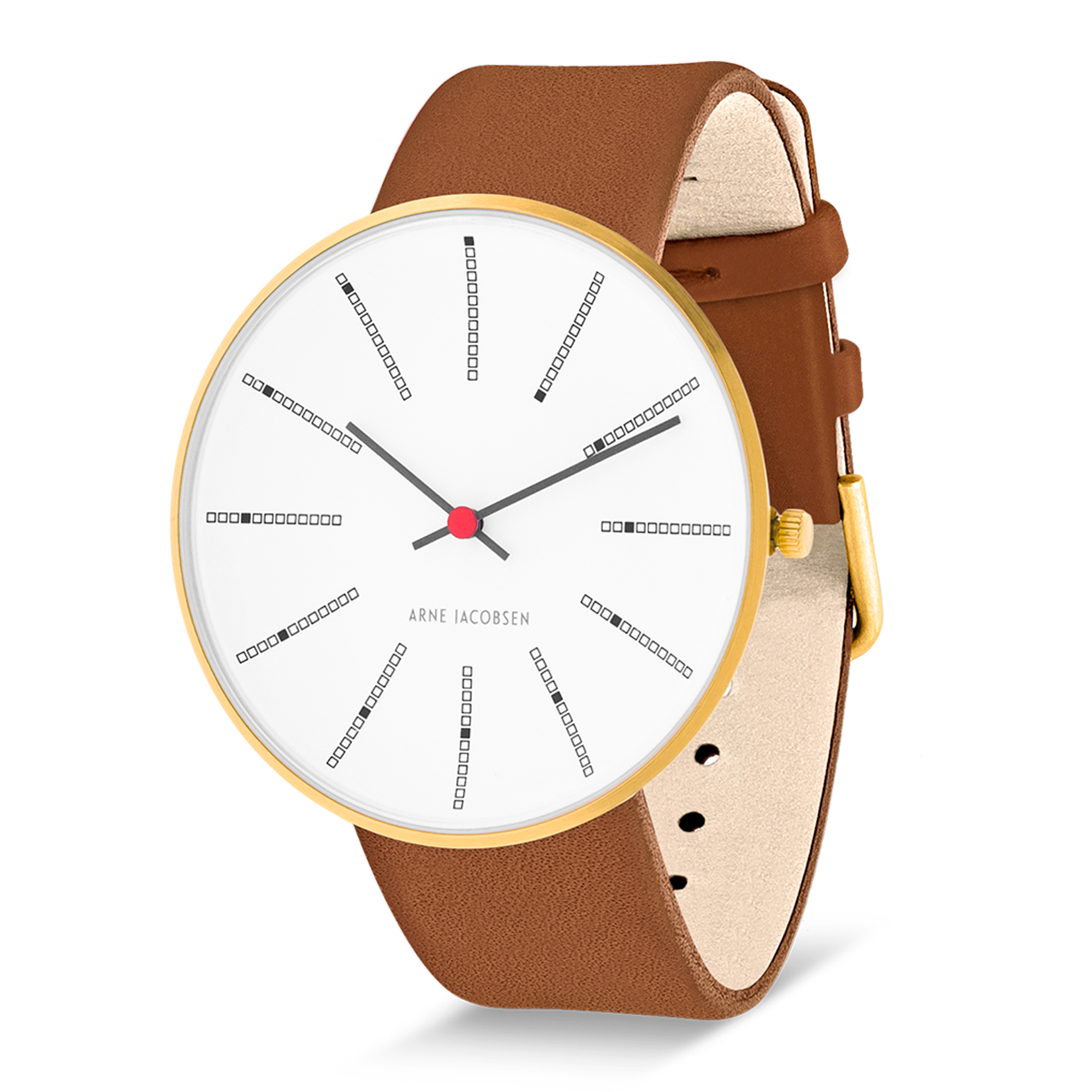 Arne Jacobsen Bankers Hvid 40 mm forgyldt ur med brun Pampas læderrem set fra vinkel.
