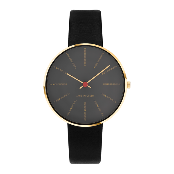 Frontvisning af Arne Jacobsen Bankers Porsgrunn Grå 34 mm forgyldt med mørkegrå urskive.