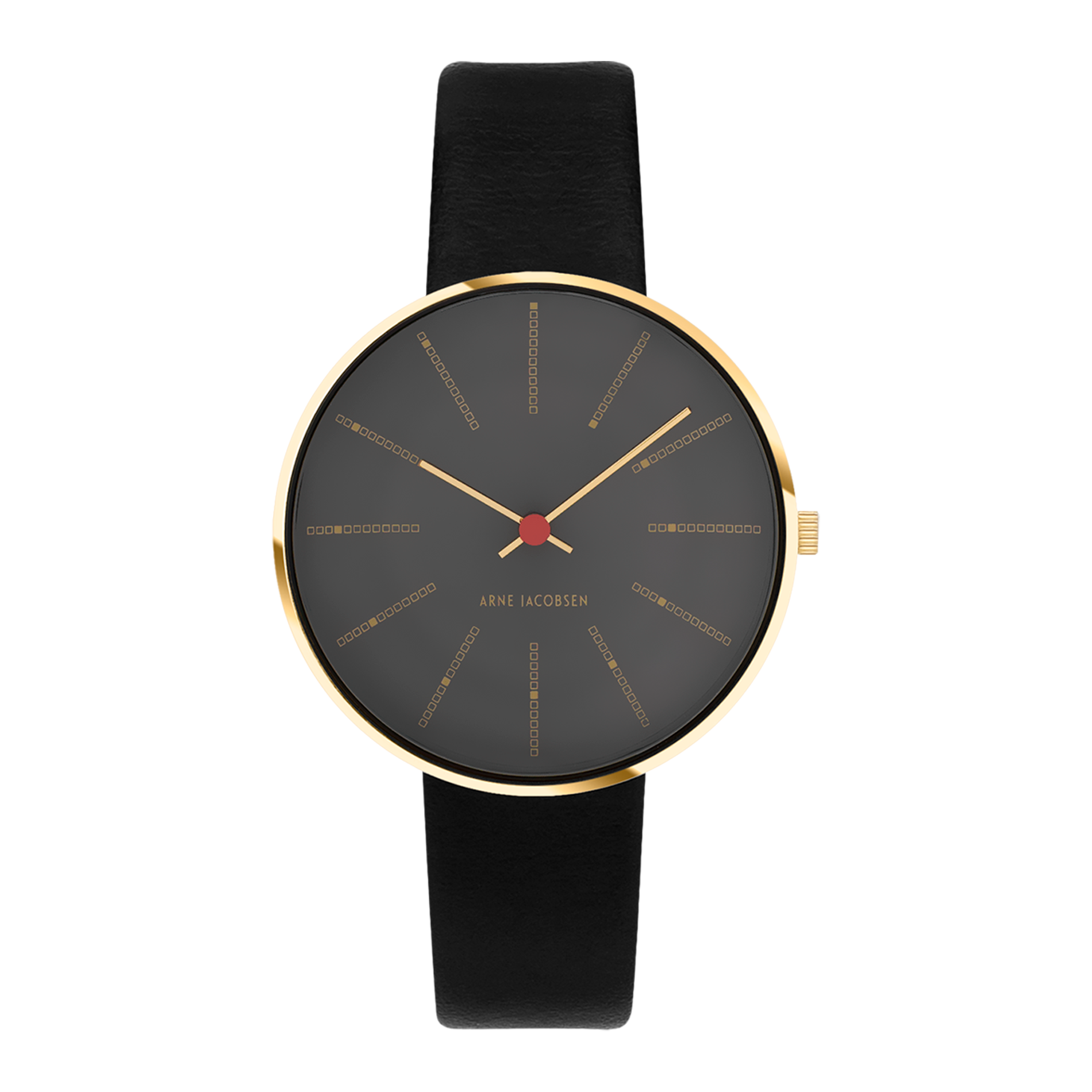 Frontvisning af Arne Jacobsen Bankers Porsgrunn Grå 34 mm forgyldt med mørkegrå urskive.