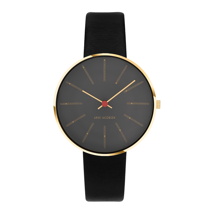 Frontvisning af Arne Jacobsen Bankers Porsgrunn Grå 34 mm forgyldt med mørkegrå urskive.