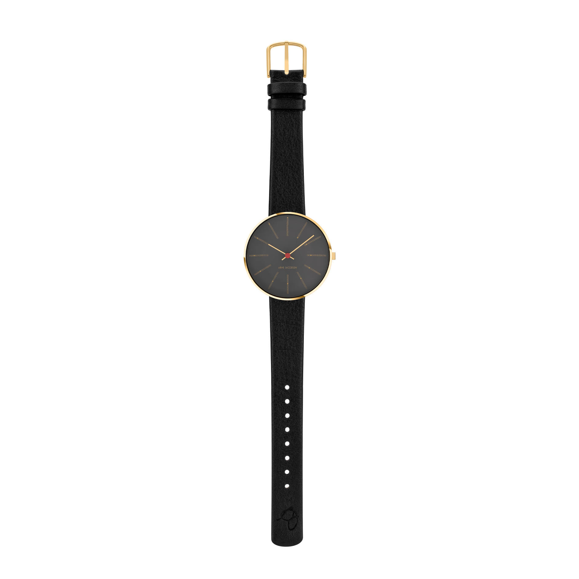 Arne Jacobsen Bankers Porsgrunn Grå 34 mm forgyldt ur med sort 16 mm læderrem.