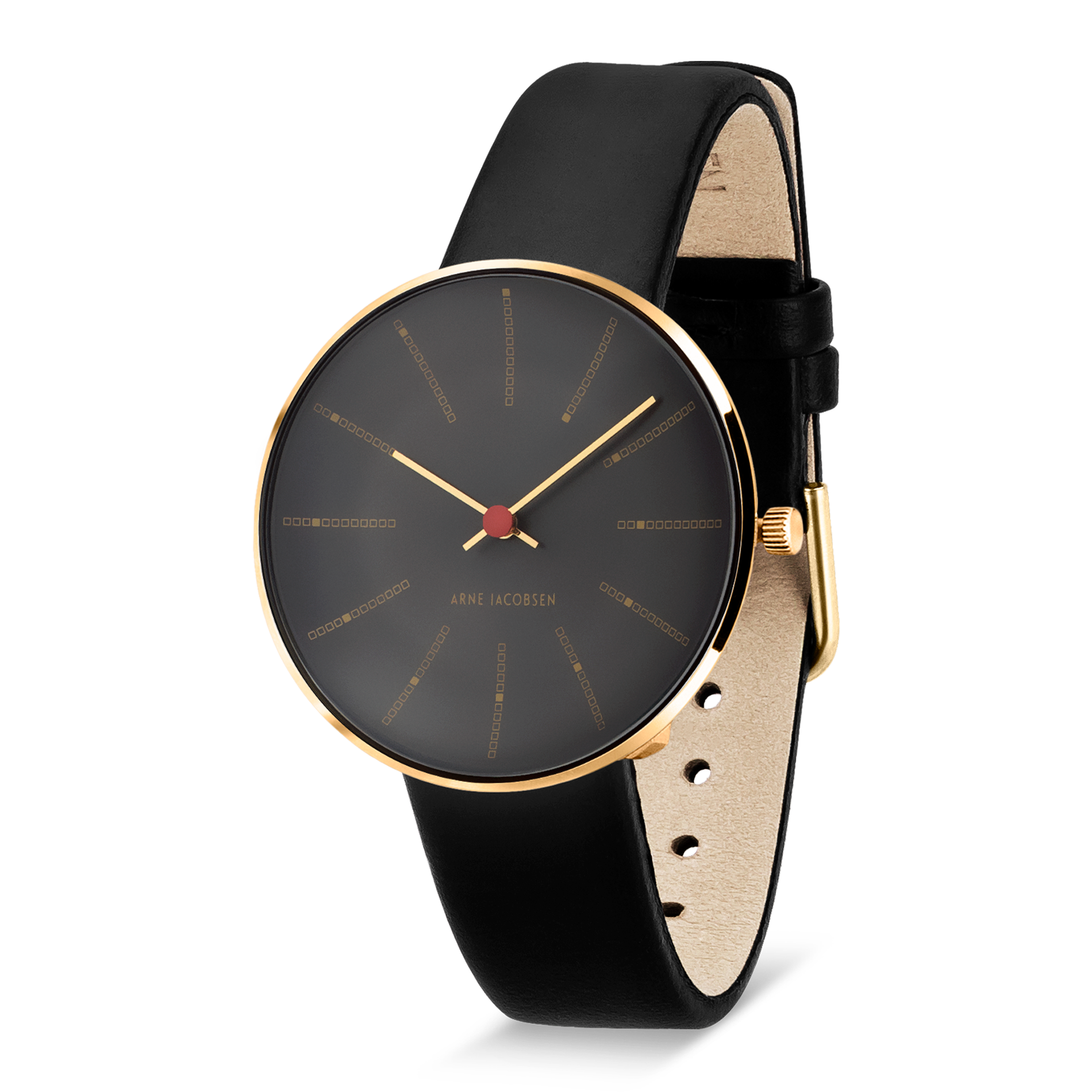 Arne Jacobsen Bankers Porsgrunn Grå 34 mm forgyldt ur med sort 16 mm læderrem set fra vinkel.