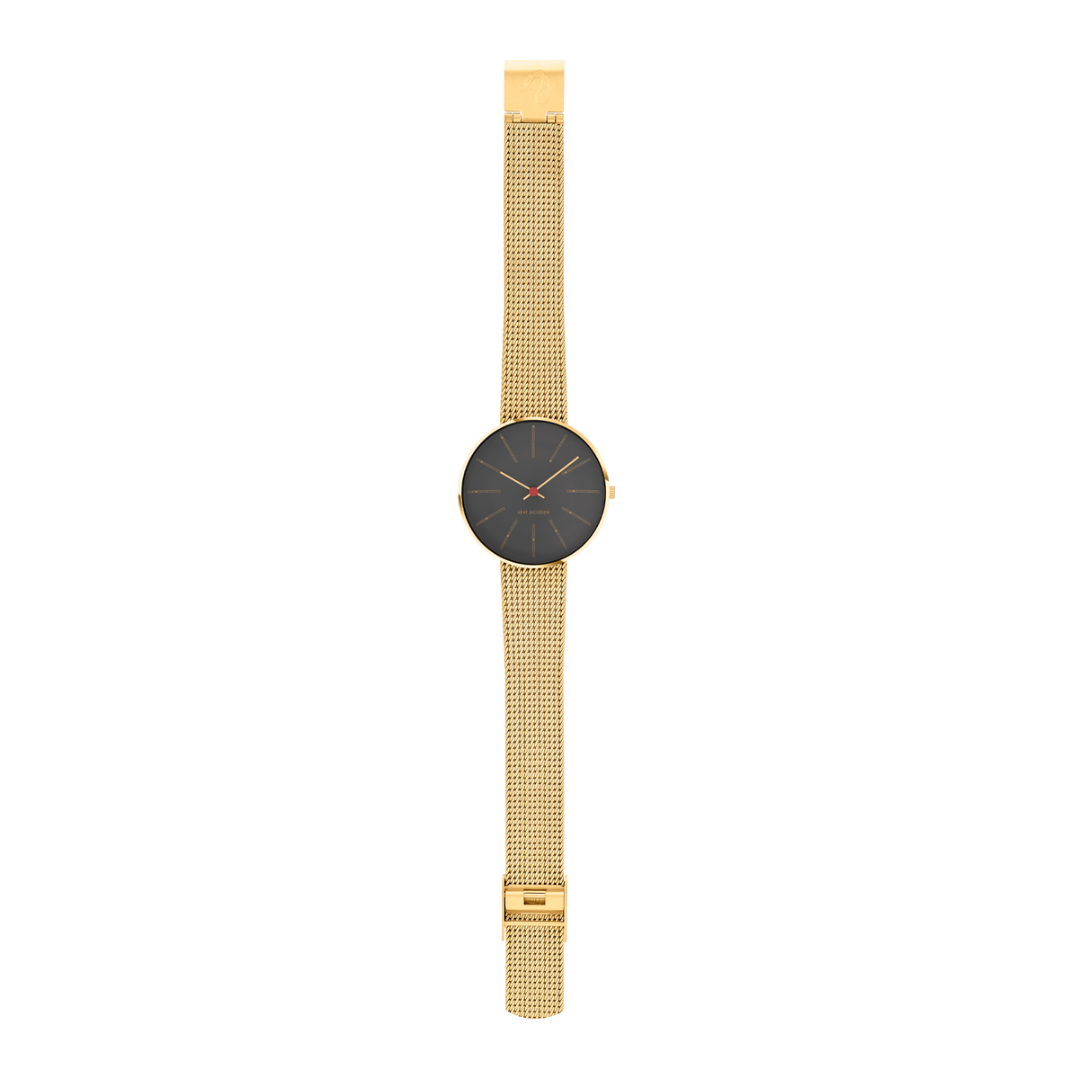 Arne Jacobsen Bankers Porsgrunn Grå 34 mm forgyldt ur med mat guldfarvet mesh-rem.
