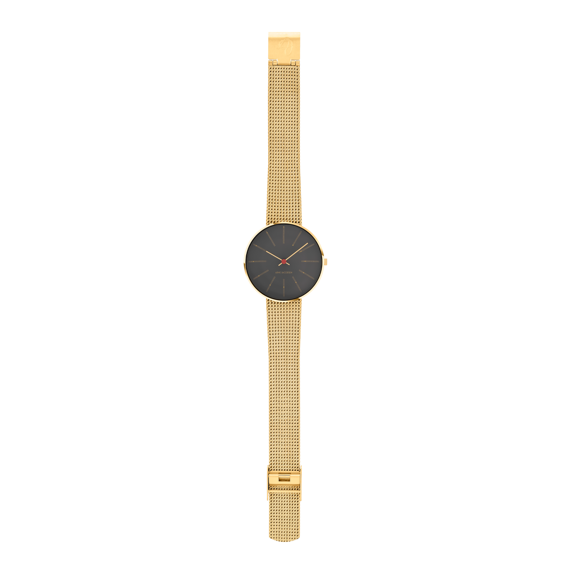 Arne Jacobsen Bankers Porsgrunn Grå 34 mm forgyldt ur med mat guldfarvet mesh-rem.