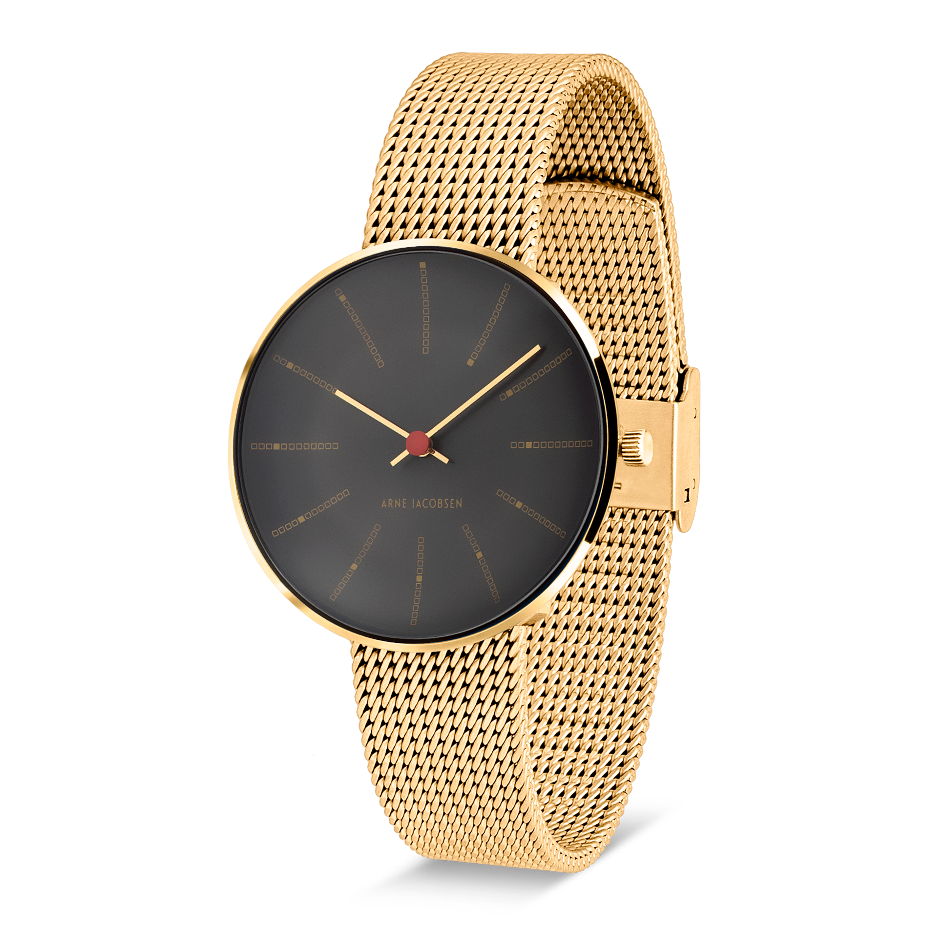 Arne Jacobsen Bankers Porsgrunn Grå 34 mm forgyldt ur med guldfarvet mesh-rem set fra vinkel.