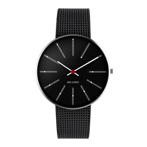 Frontvisning af Arne Jacobsen Bankers Sort 40 mm med sort urskive og matsort mesh-rem.