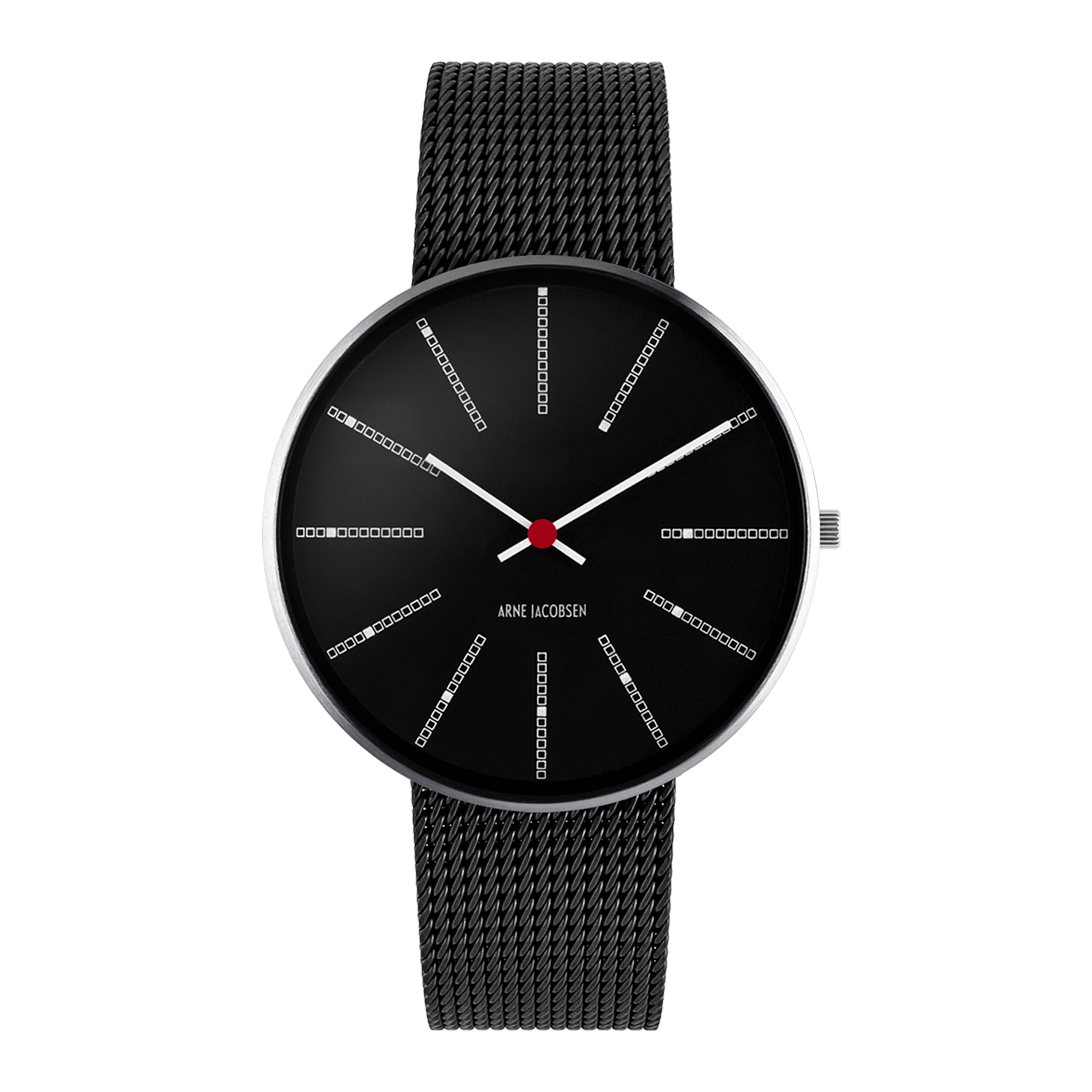 Frontvisning af Arne Jacobsen Bankers Sort 40 mm med sort urskive og matsort mesh-rem.