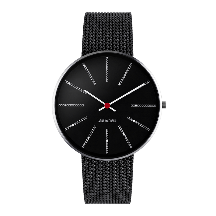 Frontvisning af Arne Jacobsen Bankers Sort 40 mm med sort urskive og matsort mesh-rem.