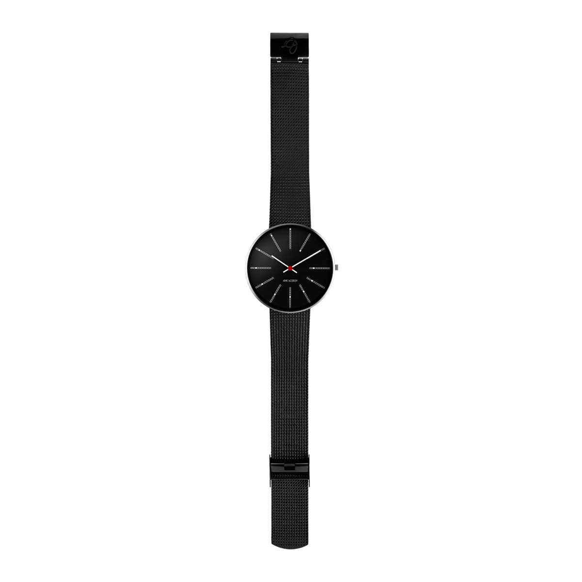 Arne Jacobsen Bankers Sort 40 mm ur med sort mesh-rem i fuld længde.
