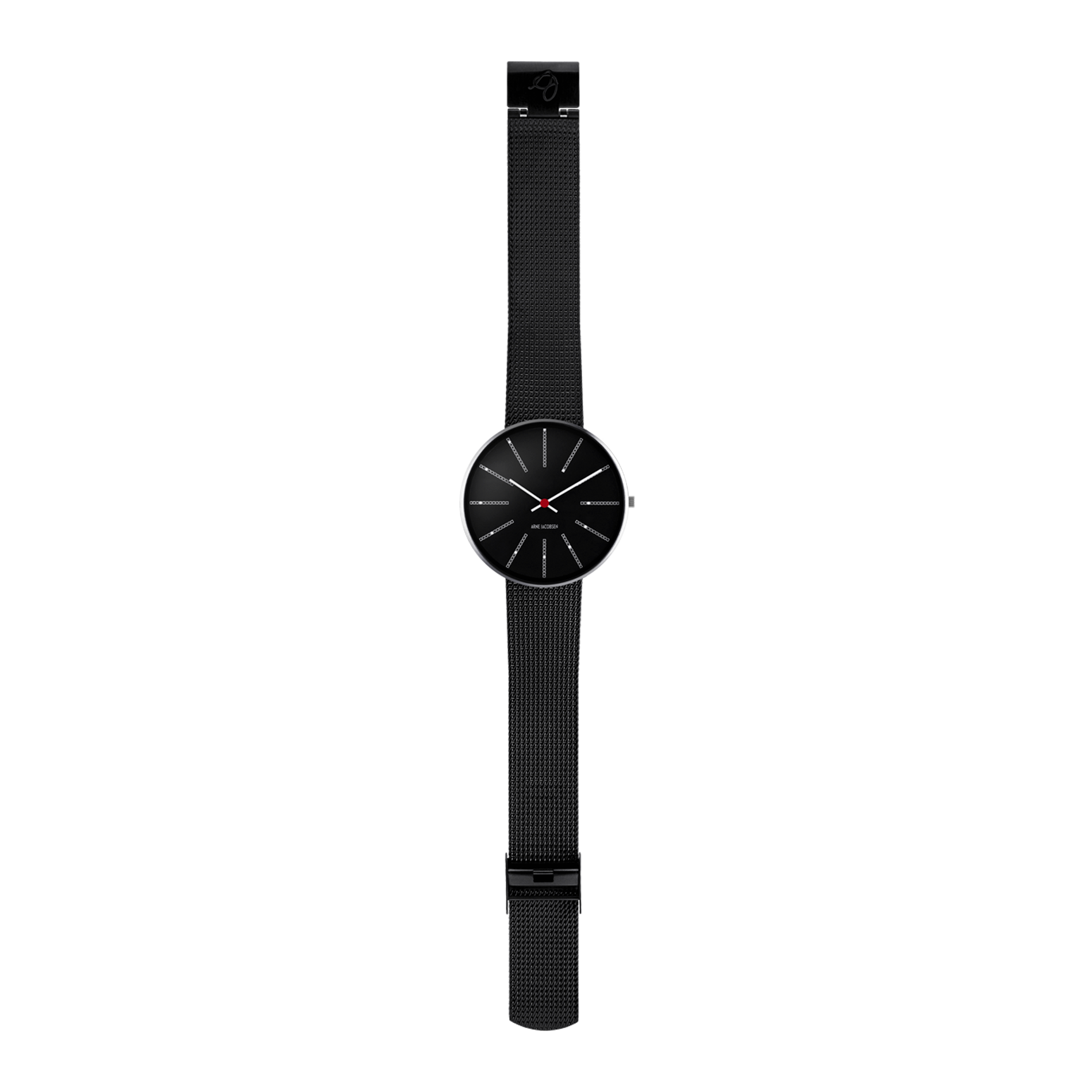 Arne Jacobsen Bankers Sort 40 mm ur med sort mesh-rem i fuld længde.