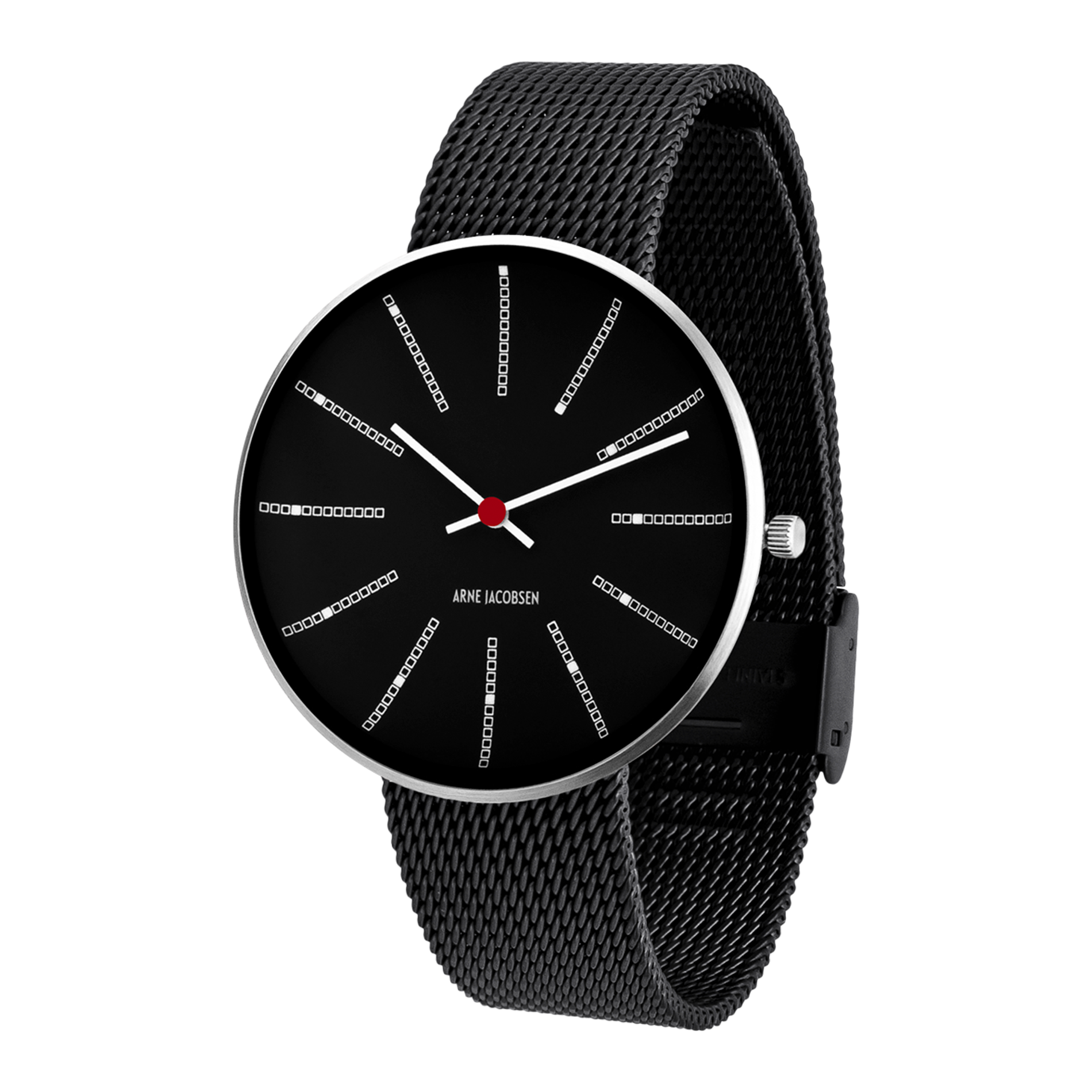 Arne Jacobsen Bankers Sort 40 mm armbåndsur med matsort mesh-rem set fra vinkel.