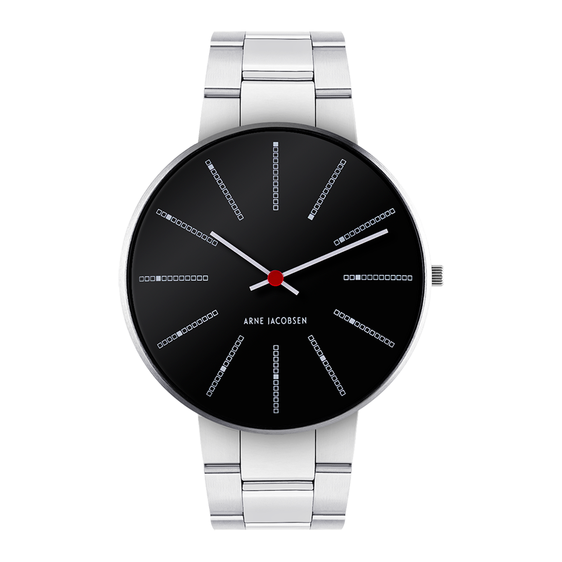 Frontvisning af Arne Jacobsen Bankers Sort 40 mm med sort urskive og stållænke.