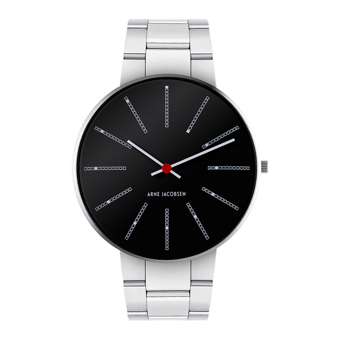 Frontvisning af Arne Jacobsen Bankers Sort 40 mm med sort urskive og stållænke.