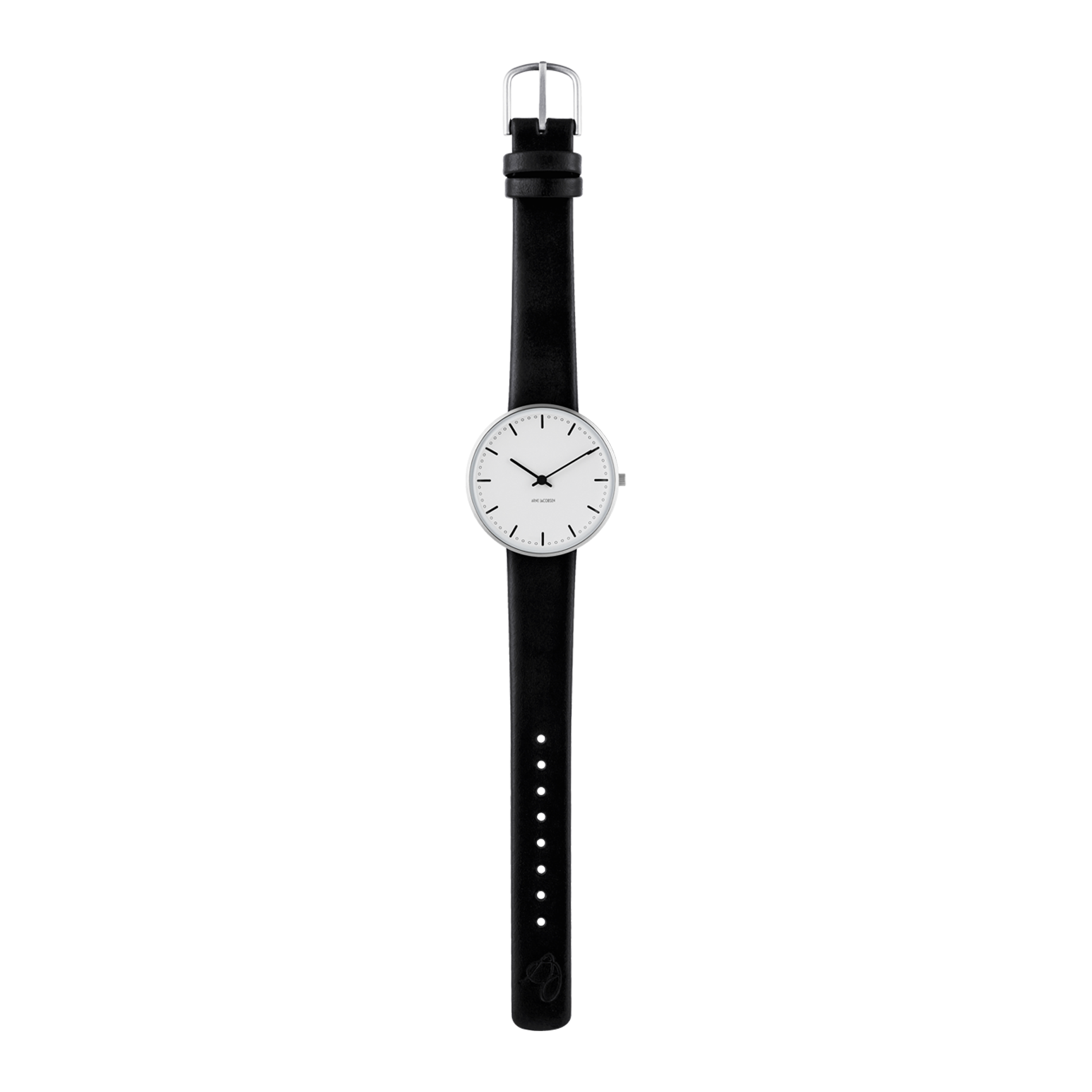 Arne Jacobsen City Hall 34 mm armbåndsur i stål med sort kalveskindsrem vist i fuld længde.