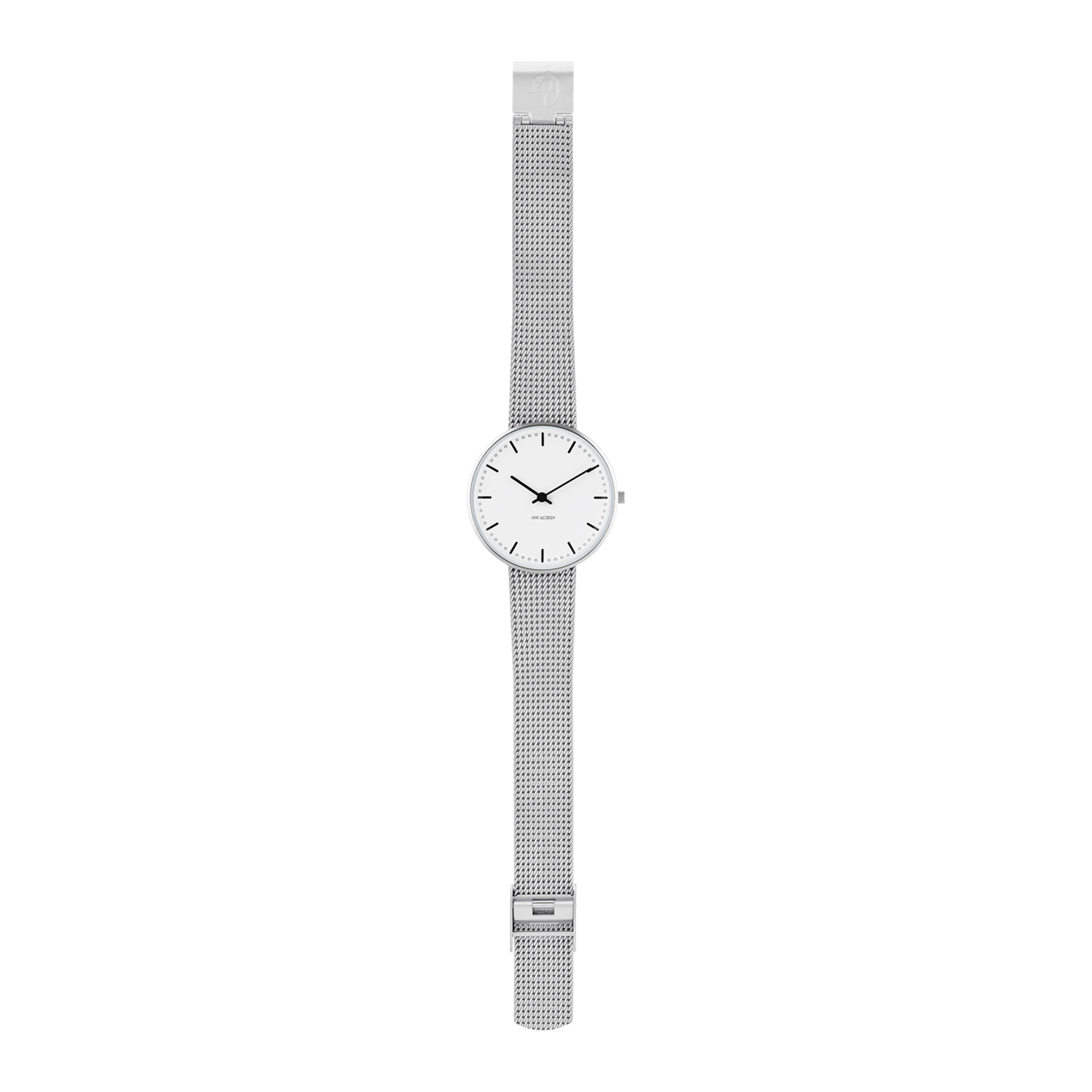 Arne Jacobsen City Hall 34 mm armbåndsur i stål med mesh-rem vist i fuld længde.