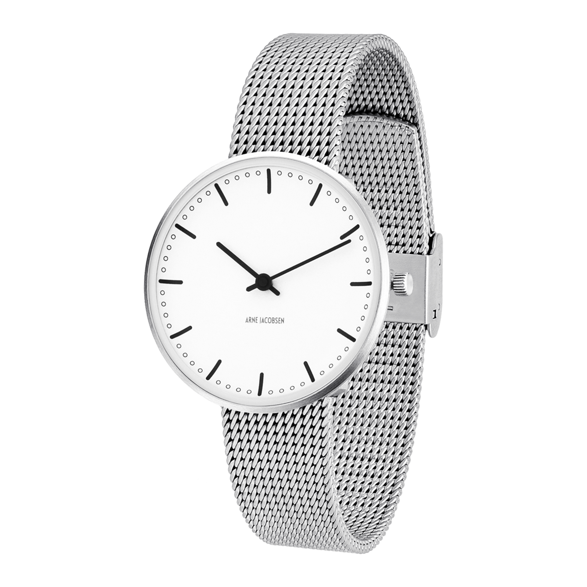 Arne Jacobsen City Hall hvidt ur 34 mm i stål med mesh-rem set fra vinkel.
