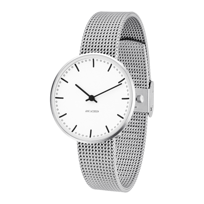 Arne Jacobsen City Hall hvidt ur 34 mm i stål med mesh-rem set fra vinkel.