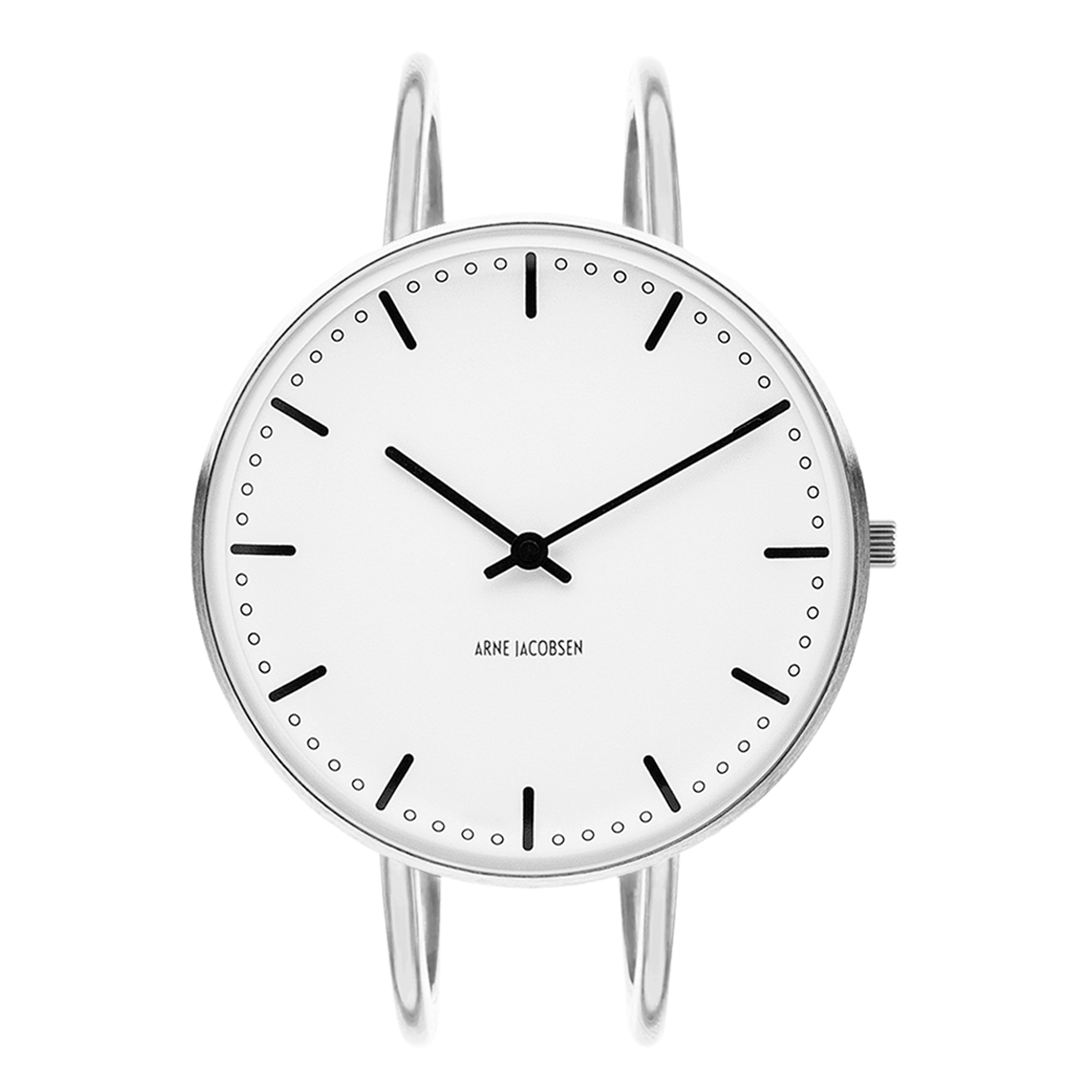 Frontbillede af Arne Jacobsen City Hall ur med hvid urskive og armring i poleret stål.