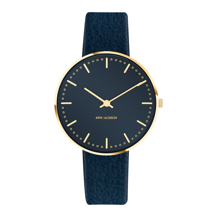 Frontbillede af Arne Jacobsen City Hall Oxford Blue ur med forgyldt urkasse.