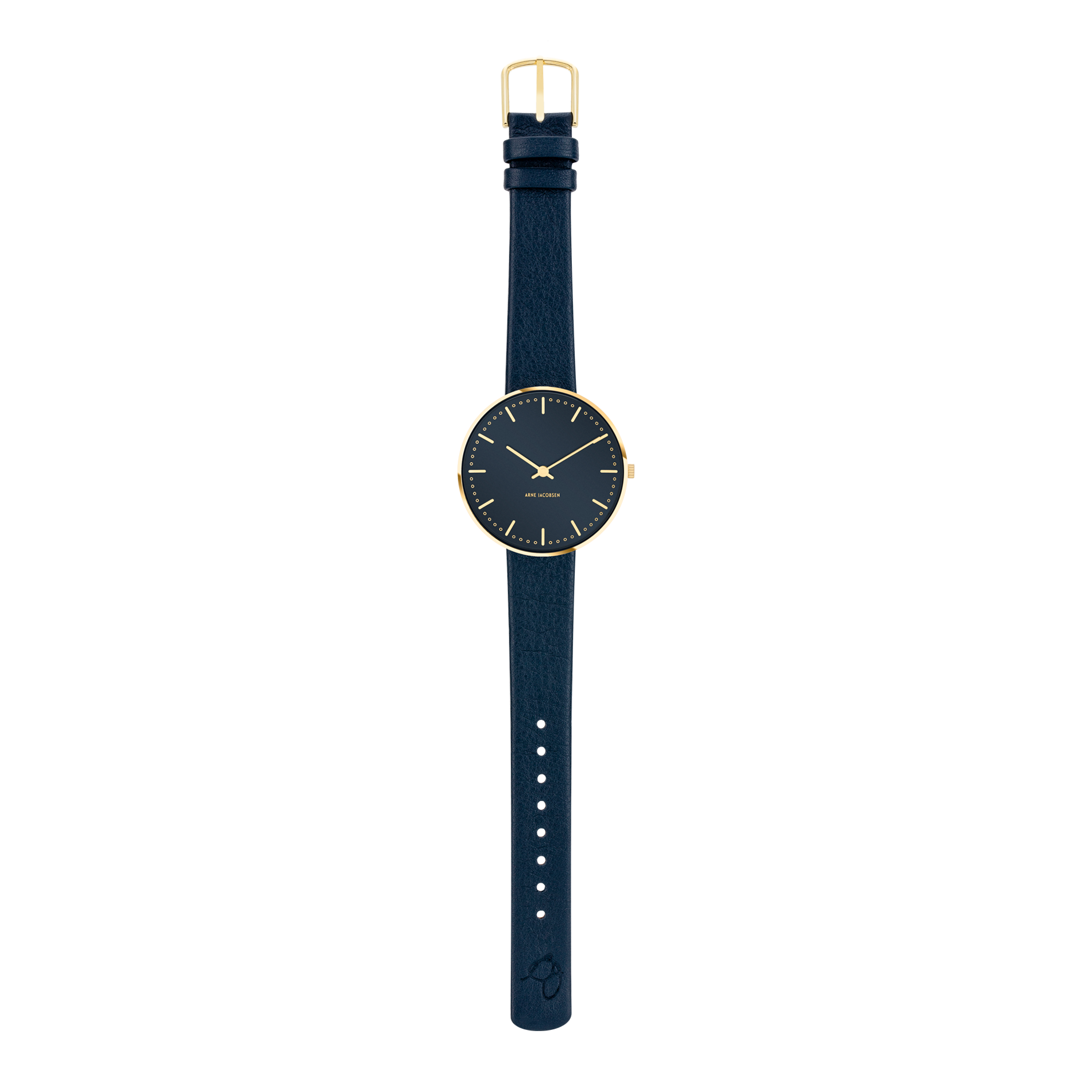 Arne Jacobsen City Hall Oxford Blue armbåndsur med oxfordblå læderrem og guldspænde.