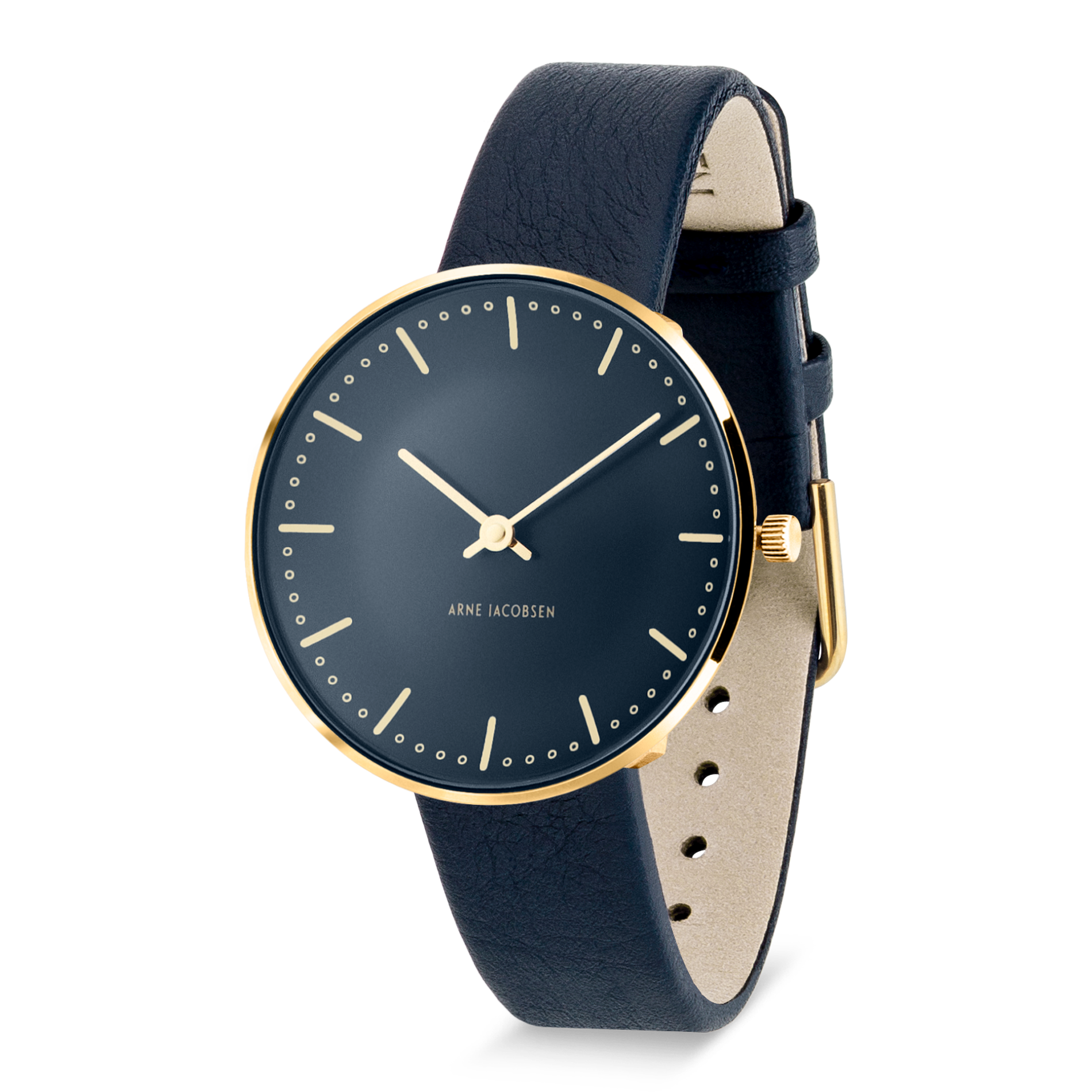 Arne Jacobsen City Hall Oxford Blue ur 34 mm med forgyldt urkasse og blå kalveskindsrem.