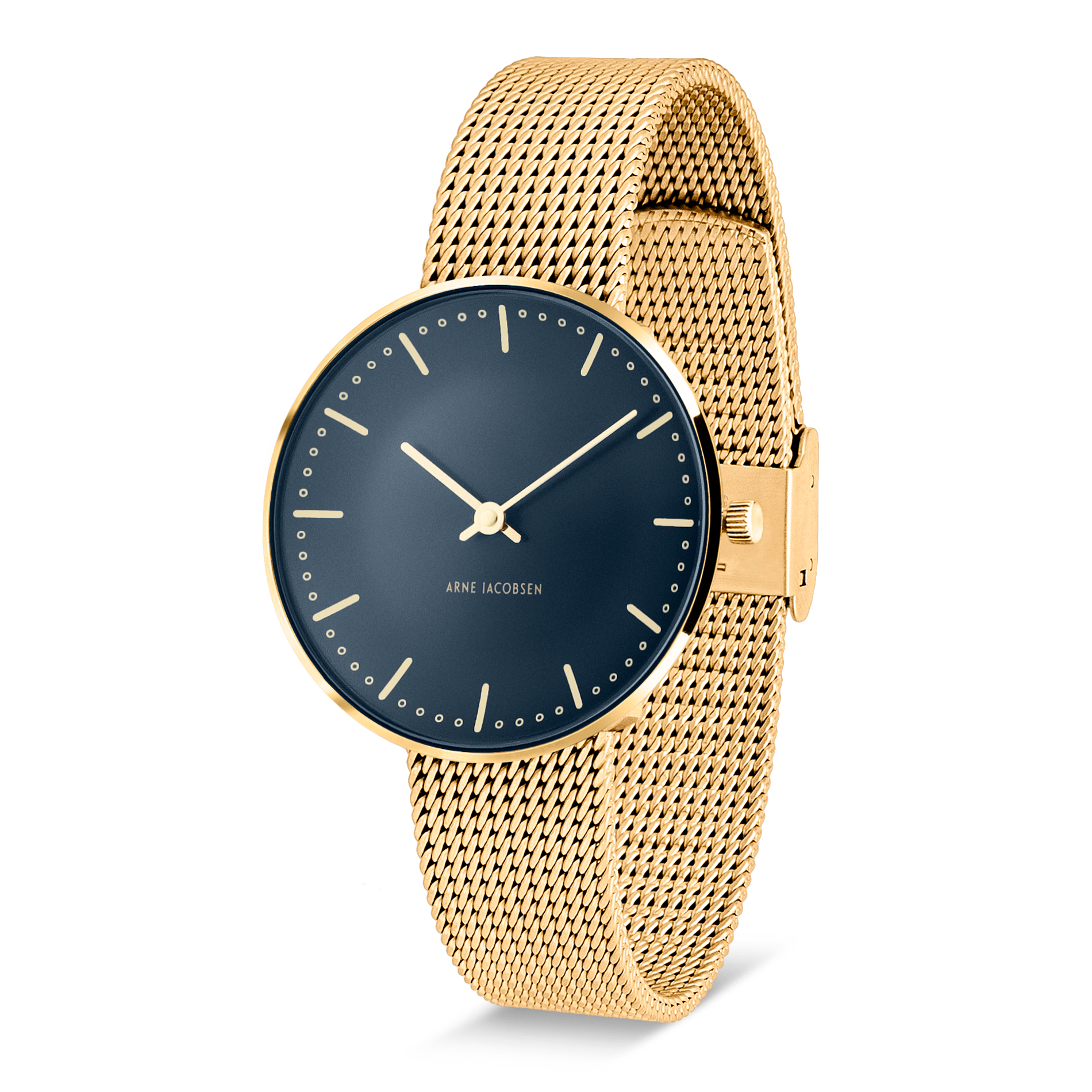 Arne Jacobsen City Hall Oxford Blue ur 34 mm med forgyldt urkasse og mat guldfarvet mesh-rem.