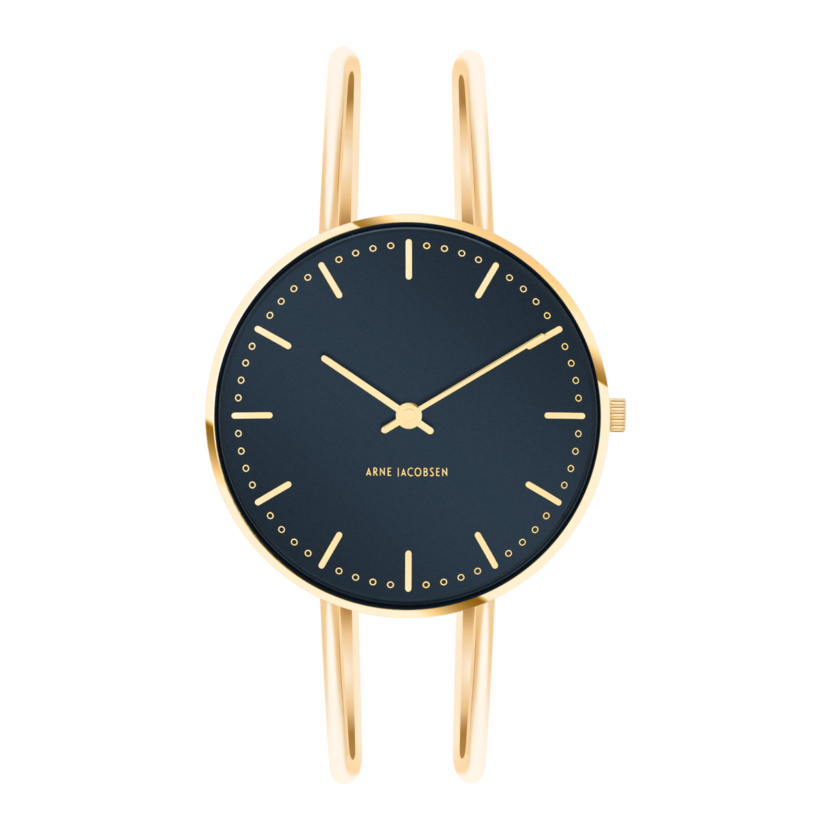 Frontbillede af Arne Jacobsen City Hall Oxford Blue ur med forgyldt armring.