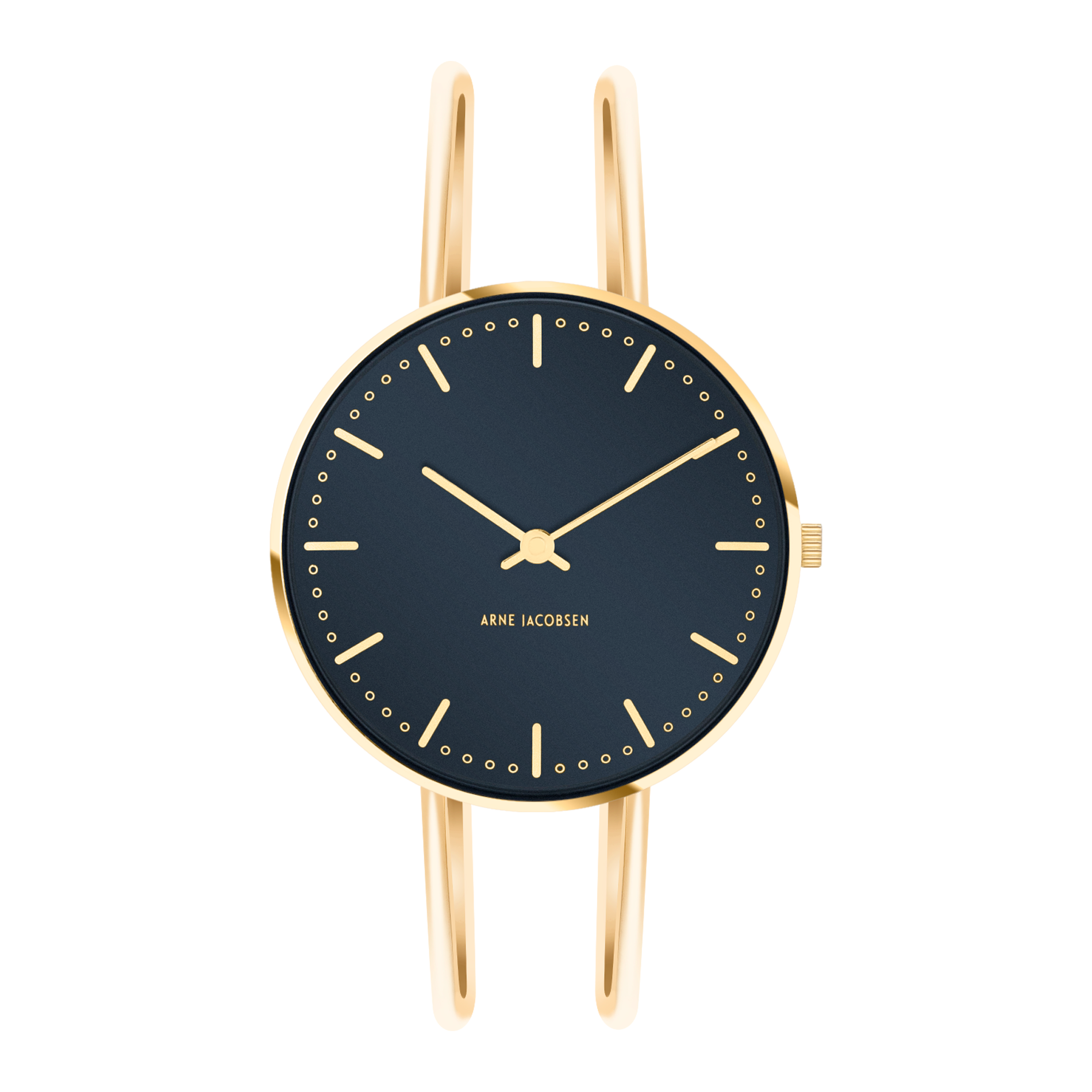 Frontbillede af Arne Jacobsen City Hall Oxford Blue ur med forgyldt armring.