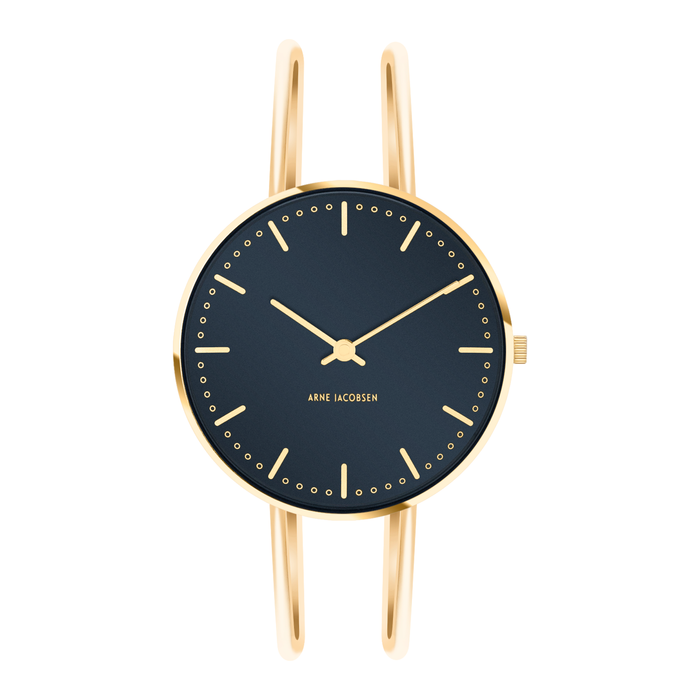 Frontbillede af Arne Jacobsen City Hall Oxford Blue ur med forgyldt armring.