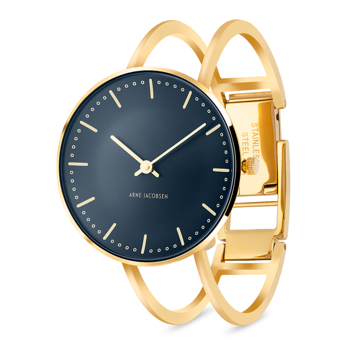 Arne Jacobsen City Hall Oxford Blue ur 34 mm med forgyldt armring og blå urskive.