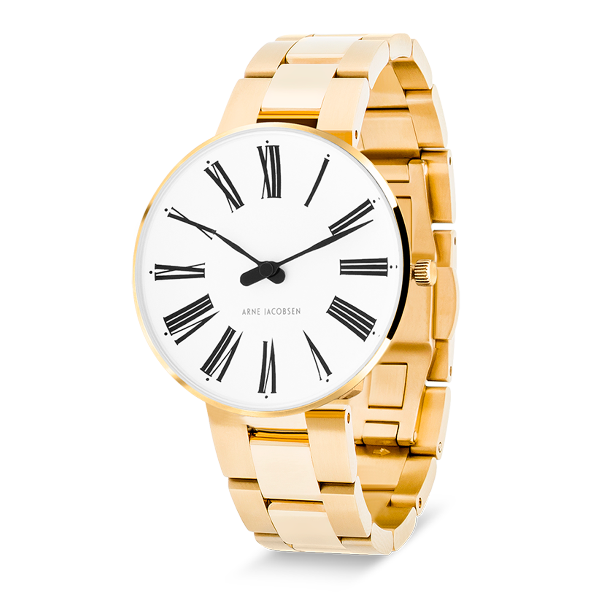 Arne Jacobsen Roman dameur 34 mm model 53307-1629 i vinklet visning med hvid urskive og guldfarvet urkasse