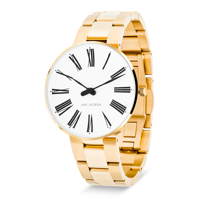 Arne Jacobsen Roman dameur 34 mm model 53307-1629 i vinklet visning med hvid urskive og guldfarvet urkasse