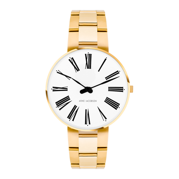 Arne Jacobsen Roman dameur 34 mm model 53307-1629 set forfra med hvid urskive, sorte romertal og guldfarvet lænke i rustfrit stål