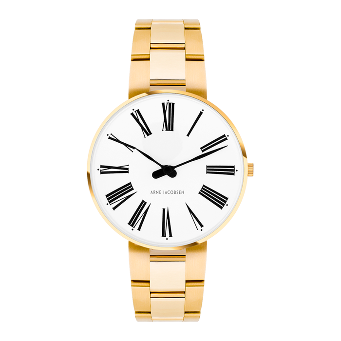 Arne Jacobsen Roman dameur 34 mm model 53307-1629 set forfra med hvid urskive, sorte romertal og guldfarvet lænke i rustfrit stål