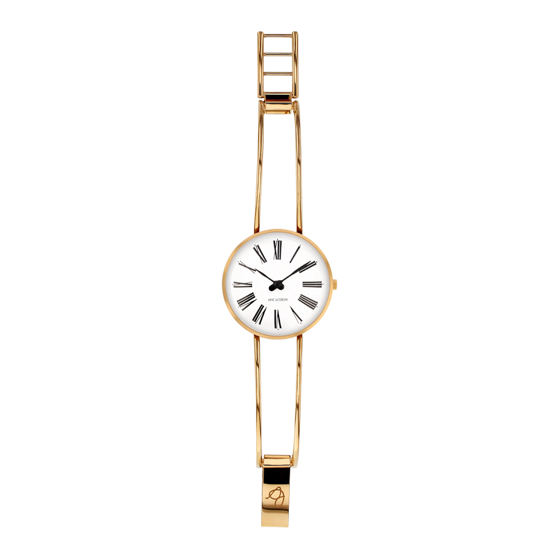 Arne Jacobsen Roman designerur med elegant forgyldt armring og hvid urskive.