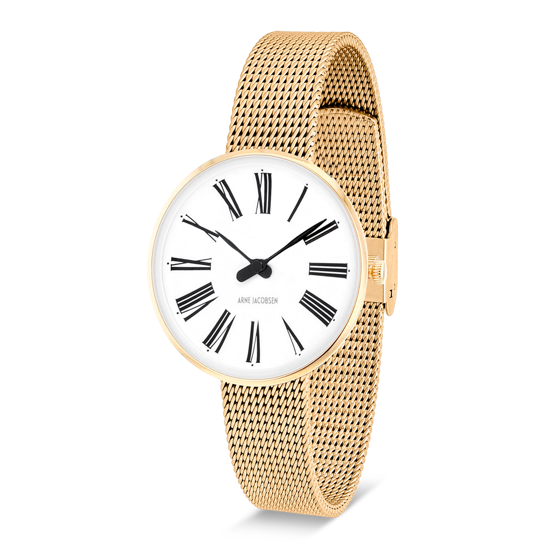Arne Jacobsen Roman Hvid ur 30 mm med forgyldt urkasse og guldfarvet mesh-rem.