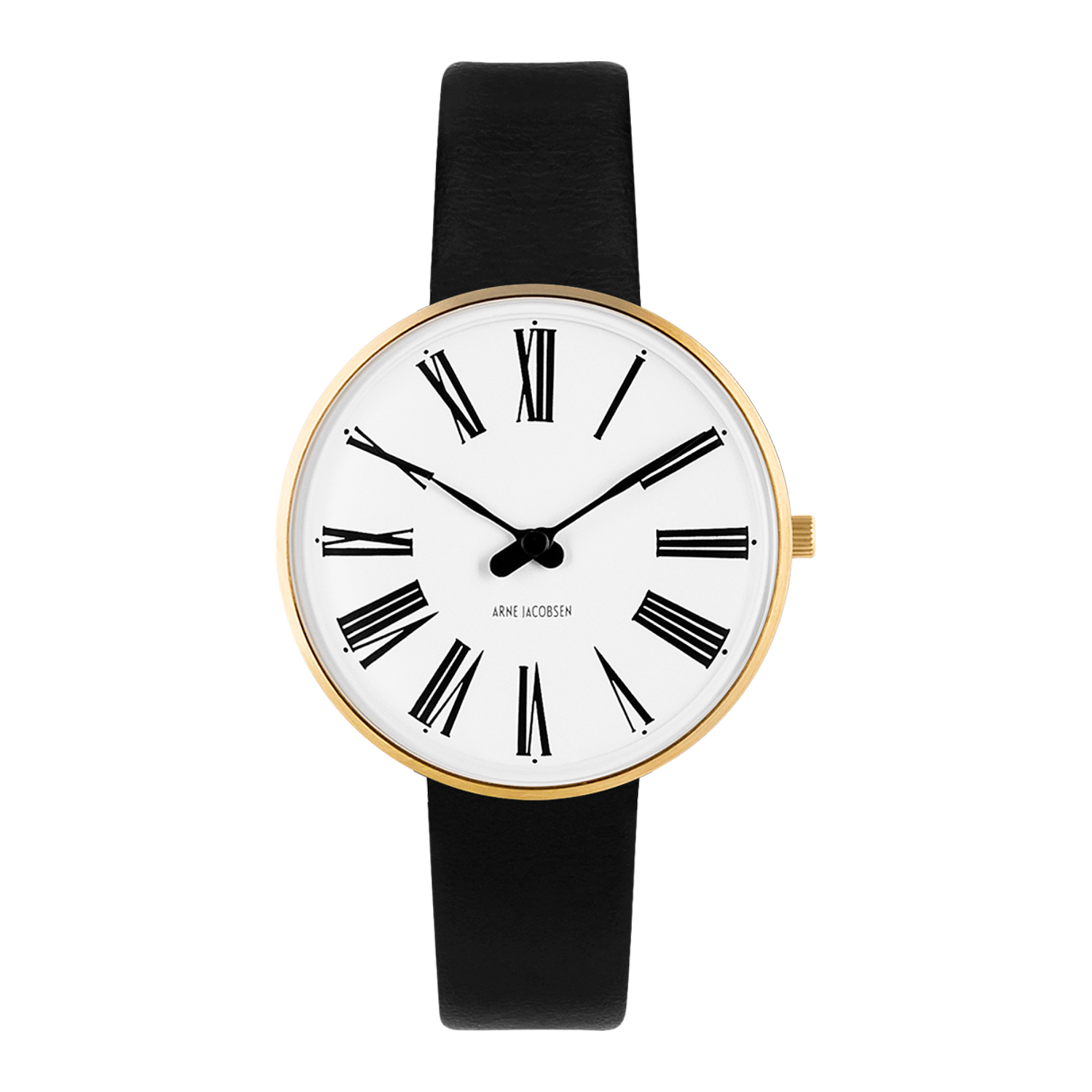 Arne Jacobsen Roman 34 mm ur med hvid urskive og forgyldt urkasse.