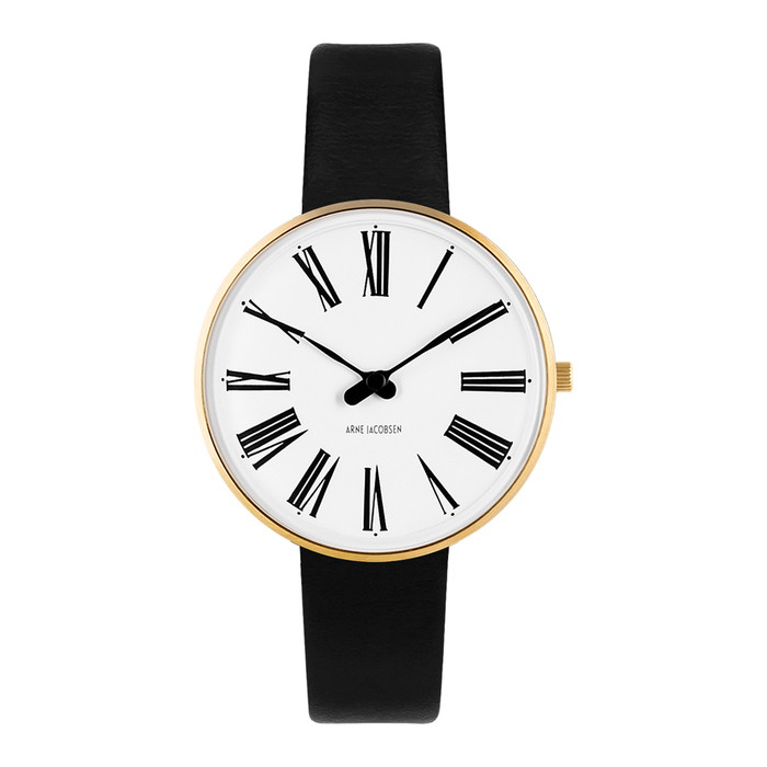 Arne Jacobsen Roman 34 mm ur med hvid urskive og forgyldt urkasse.