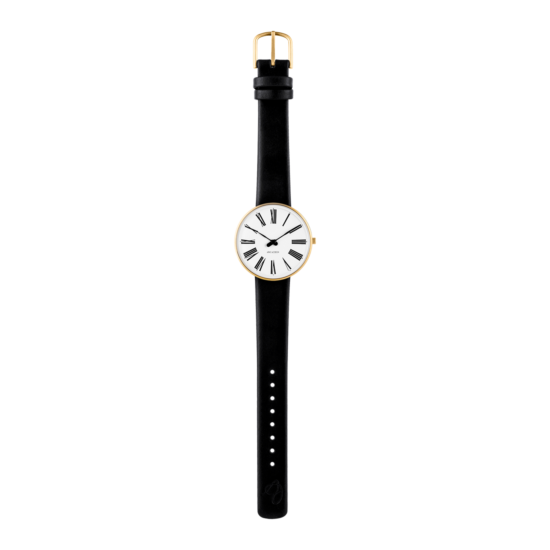 Arne Jacobsen Roman designerur med sort kalveskindsrem og forgyldte detaljer.