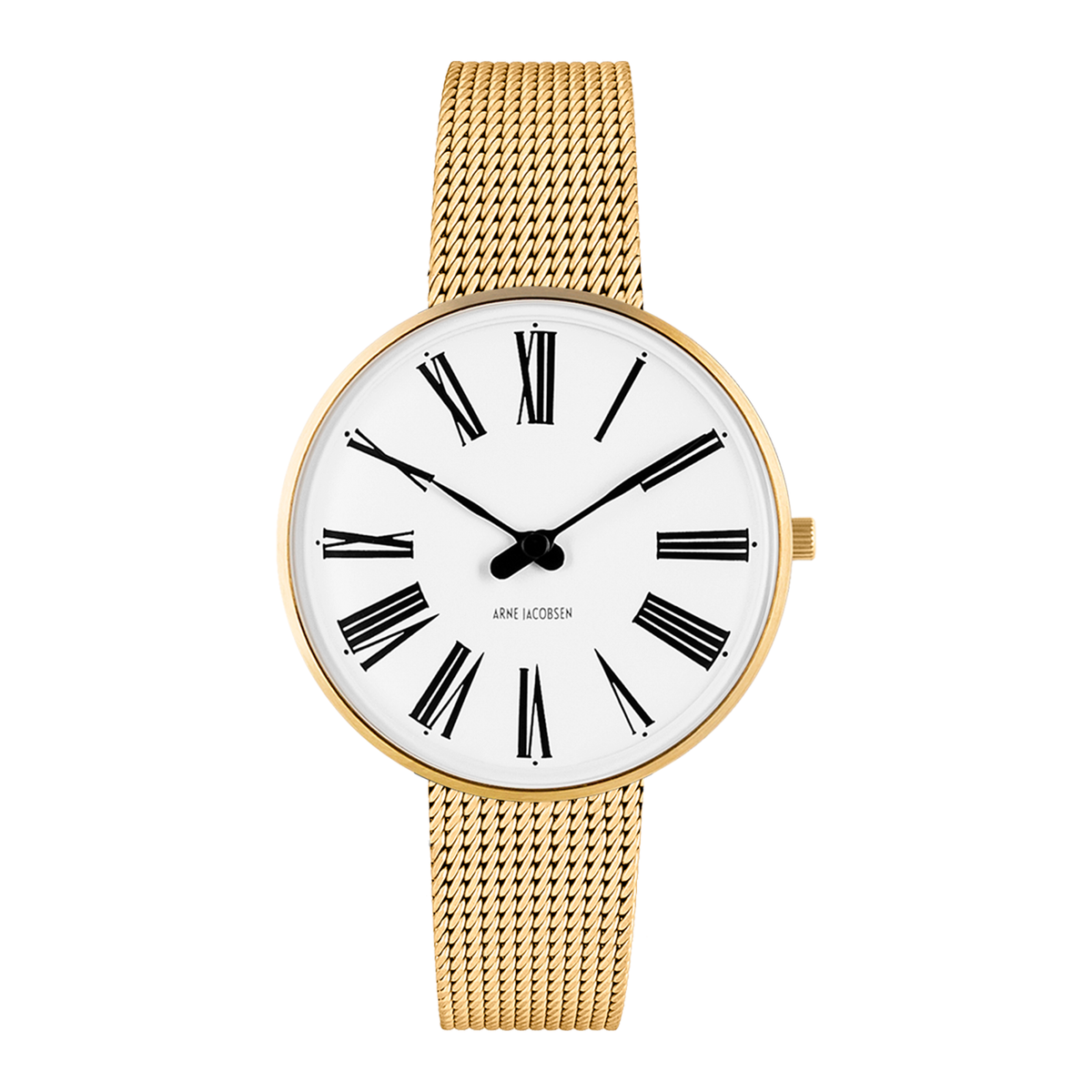 Arne Jacobsen Roman 34 mm ur med hvid urskive og forgyldt urkasse.
