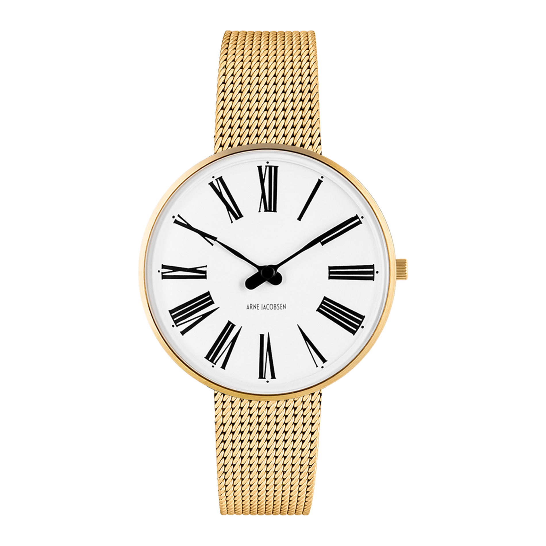 Arne Jacobsen Roman 34 mm ur med hvid urskive og forgyldt urkasse.