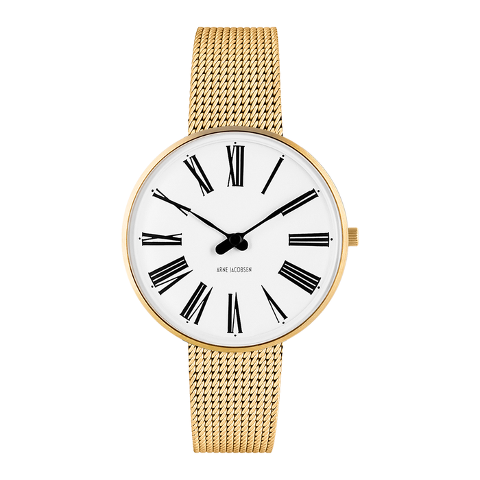 Arne Jacobsen Roman 34 mm ur med hvid urskive og forgyldt urkasse.