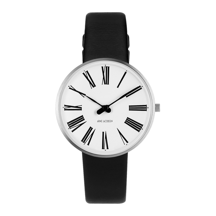 Arne Jacobsen Roman 34 mm ur med hvid urskive og sorte romertal.