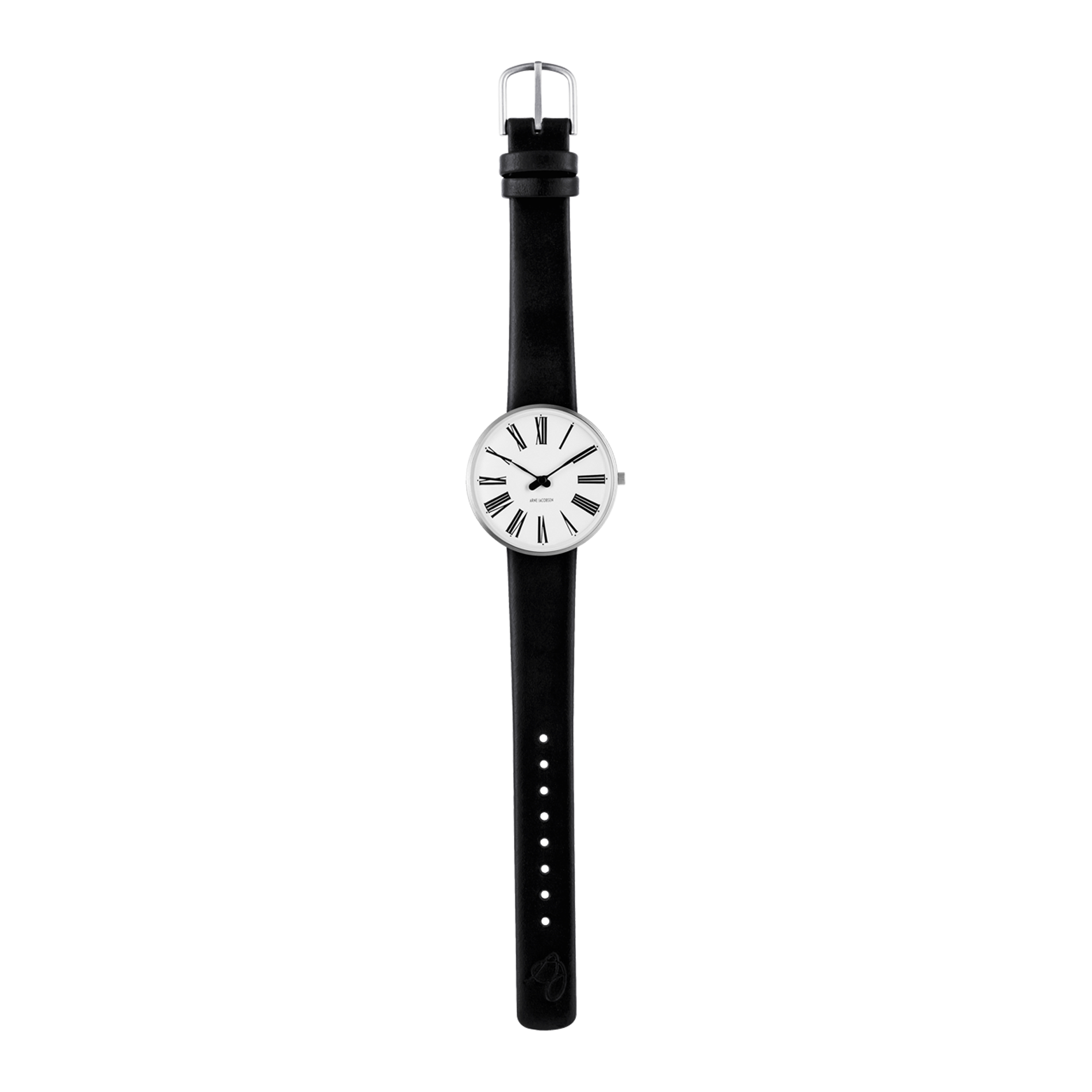 Arne Jacobsen Roman designerur med sort kalveskindsrem og stålurkasse.