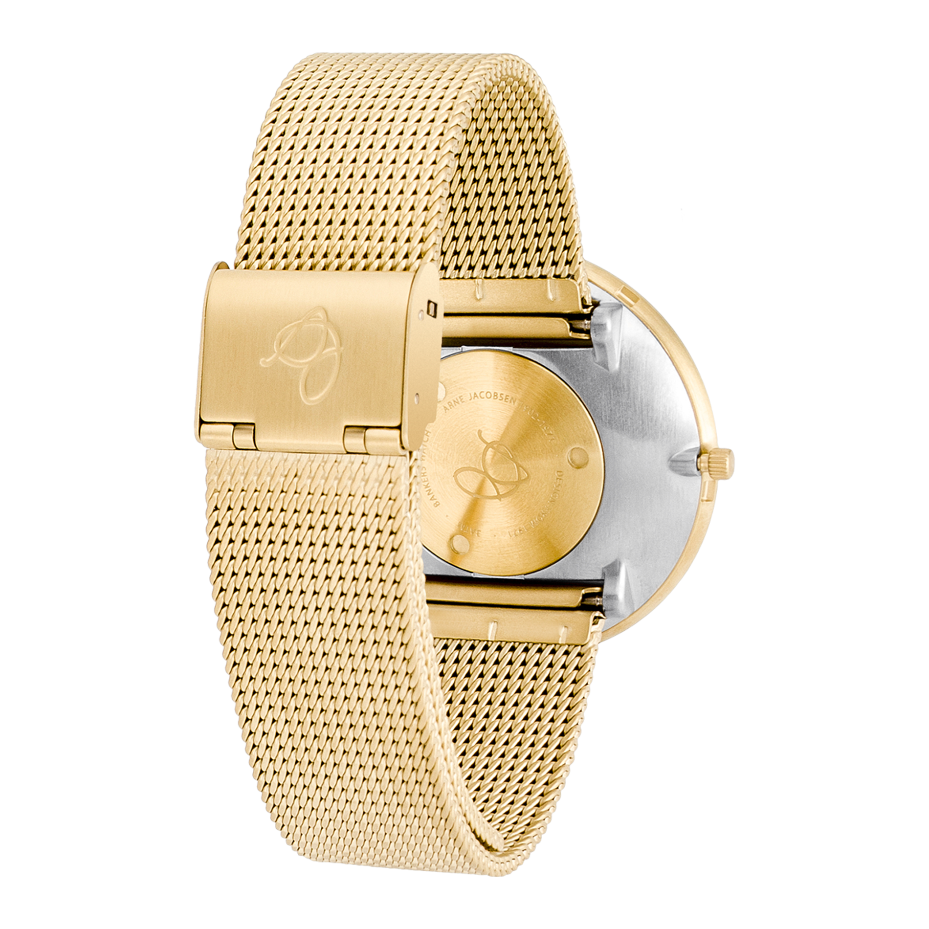 Bagside af Arne Jacobsen Roman ur 40 mm med forgyldt mesh-rem og foldespænde.
