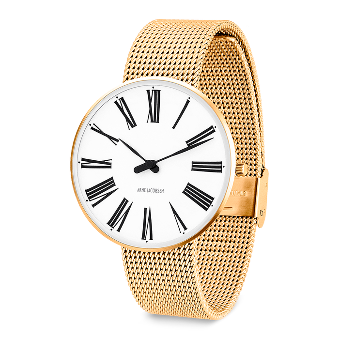 Arne Jacobsen Roman designerur med hvid urskive, sorte romertal og forgyldt mesh-rem.