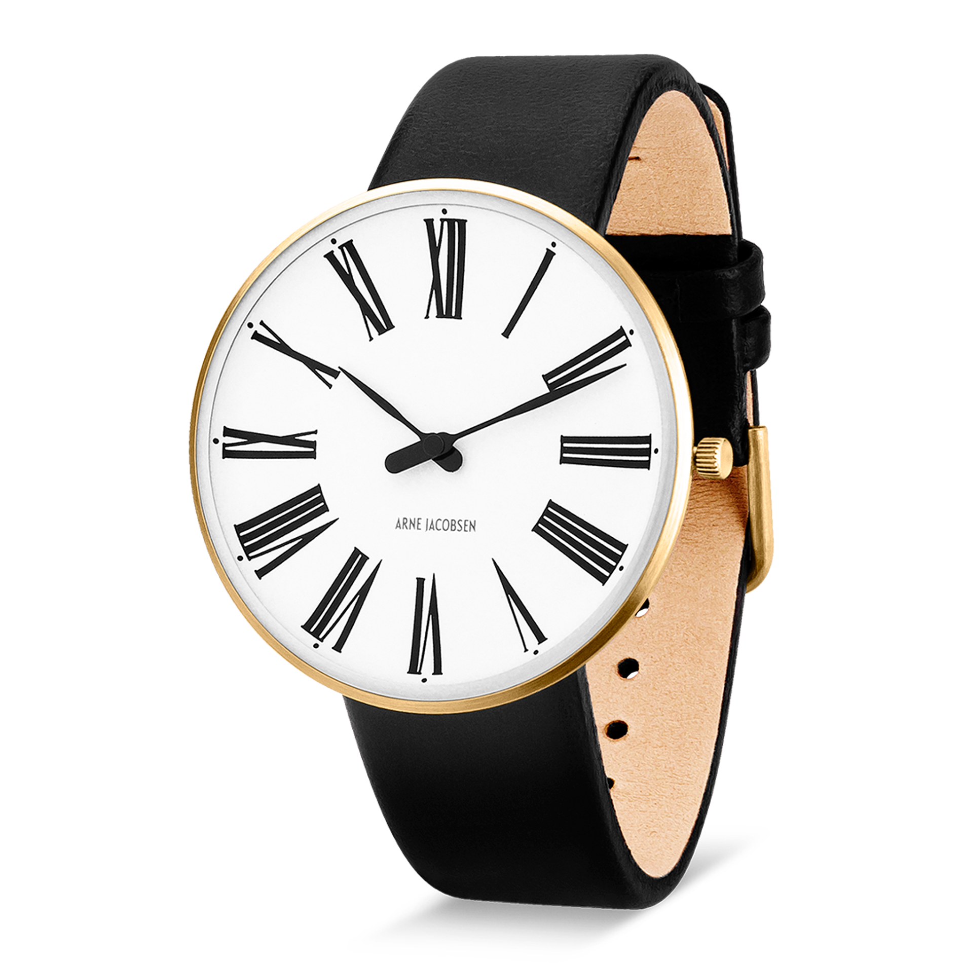 Arne Jacobsen Roman ur 40 mm med hvid urskive, sorte romertal og sort læderrem.