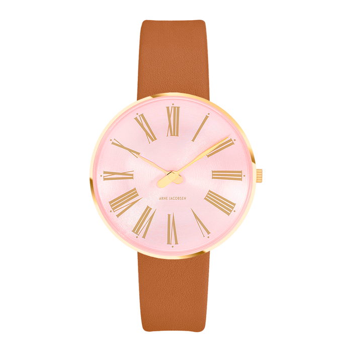 Bagside af Arne Jacobsen Roman Orchid Pink ur med brun kalveskindsrem